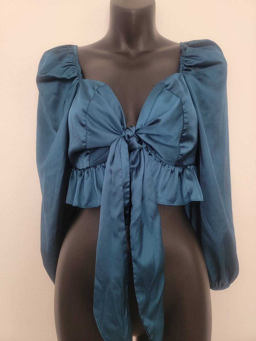 Teal Tie-Front Puff Sleeve Crop Top